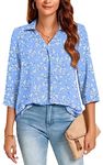 Aodemo Womens Summer Collared V Neck 3/4 Sleeve Shirts Business Casual Pleated Tops Loose Work Dressy Blouses 3XL, Blue White Flower