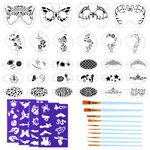 42 Pcs Face Paint Stencils Kits Includes 28 Reusable Facial Painting Stencils with 4 Stickers 10 Painting Brushes Plastic Tattoo Painting Templates for Kids Halloween Party Makeup