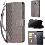 Designed for Samsung Galaxy S9 Case Wallet,Women Flip Folio Cover with Embossed PU Leather Stand Credit Card Holders Slots Wrist Strap Phone Case for Samsung S9 5.8 Inch (Gray Cube)