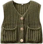 ANRABESS Womens Crop Sweater Vest Crochet Chunky Knit Button Down Sleeveless Cardigan with Pockets Army Green Small