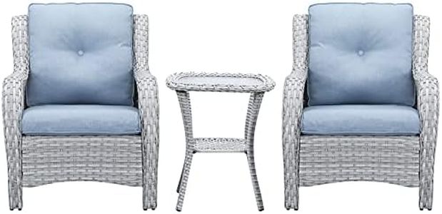 Rilyson Patio Bistro Set Wicker Chairs - 3 Piece Outdoor Rattan Conversation Set with 2 Armrest Chair and 1 Side Table for Proch Deck Garden Backyard Balcony(Light Grey/Sky Blue)