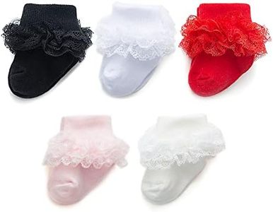 Baby Girl Socks Eyelet Triple Lace Ruffle Socks Turn Cuff Socks 2/3/5 Pairs Ankle Dress Sock for Newborn Infant Toddler, A_black White Red Pink Cream, 5 Pairs, 3-12 Months