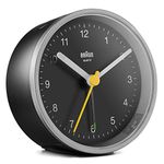 Braun Classic Analogue Alarm Clock with Snooze and Light, Quiet Quartz Movement, Crescendo Beep Alarm in Black and Silver, model BC12SB.