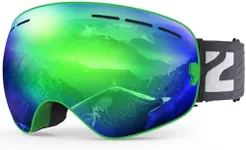 ZIONOR X Ski Snowboard Snow Goggles OTG Design for Men Women Adult with Spherical Detachable Lens UV Protection Anti-fog (VLT 14% Green Frame Revo Green Lens)