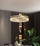 Bellastein LED Pendant Light New Modern High End Restaurant Pendant Light Ring Chandelier with Crystal Shape Acrylic Dimmable Remote Control Adjustable Round Ceiling Lamp (Gold)