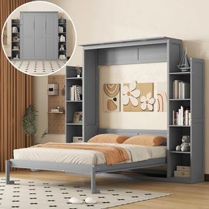 Merax Queen Size Murphy Bed with 2 Five-Layer Cabinet, Wall Bed with Shelves and Lights, Foldable Platform Bed Folded into Cabinet for Guest Room, Home and Office (Gray)