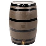RTS Home Accents 50-Gallon Rain Barrel, Flat Back Rain Water Collection Barrel, Woodgrain with Black Stripes