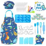 Aoskie Kids Baking Set with Dinosaur Apron, Chef Hat, 34Pcs Children's Baking Kit Role Play Toys for 3 4 5 6 7 8 Year Old Boys (Blue)