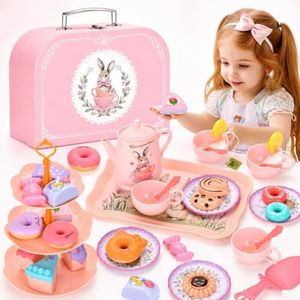 Lajeje Kids Tea Party Set for Little Girls & Toddlers – Bunny Kitchen Toy & Pretend Play Set with Teapot, Cups, Plates, Desserts & Case | Princess Birthday Gift, Easter Basket Stuffer for Ages 3-5