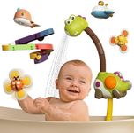 TUMAMA Bath Toy Set Bathtub Toy with Showerhead ,Water Slide, 2 Wind Up Toys 2 Suction Spinner Toys Storage Bag, Dinosaur Water Spray Squirt Shower Duck Toys for Toddles and Babies 0-5 Year