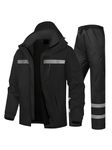 Men's Rain Suit High Visibility Reflective Work Rain Jacket Pants for All Sport Farm Fishing Motorcycle, Hi-vis Black, Large