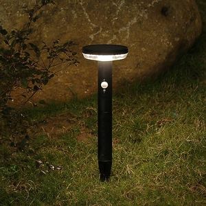 DAWALIGHT LED Solar Floor Light Outdoor with Plug 3 Modes 3000 K Garden Light Path Light with Motion Sensor Round IP44 Waterproof Bollard Light for Garden Patio Driveway, Stainless Steel, Black
