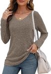 WNEEDU Long Sleeve Shirts for Women Lightweight V Neck Sweaters Casual Loose Tunic Tops Coffee XL