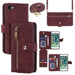 iCoverCase for iPhone SE(2022)/SE(2020)/7/8 Wallet Case with Card Holder, Adjustable Crossbody Lanyard PU Leather Kickstand Card Slots Zipper [Not Detachable] Flip Cover Case (Claret)