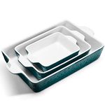 IPOW S-M-L Casserole Dish Set, Ceramic Baking Dish Set, Deep Lasagna Pan with Handles, Baking Dishes for Oven to Table, 3 Pcs Rectangular Bakeware Set for Cooking, Dark Green
