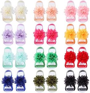 Cinaci 12 Pairs 2.8" Solid Colorful Chiffon Flower Barefoot Sandals Elastic Ribbon Strap String Soleless Footless Shoes Floral Bows Feet Wraps Accessories for Baby Girls Newborns Infants Toddlers Kids