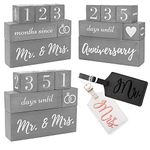 Wedding Countdown Calendar Block Mr and Mrs Luggage Tags His and Hers Ring Dish Holder - 3 Piece Set | Reversible Text Block for Marriage, Anniversary Engagement Gifts for Couples, Bride to Be