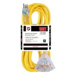 EP 100 Ft 12/3 Lighted Outdoor Extension Cord with 3 Electrical Power Outlets -12 Gauge 3 Prong SJTW Heavy Duty Yellow Extension Cable with 3 Prong Grounded Plug for Safety,UL Listed