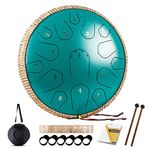 Steel Tongue Drum - HOPWELL 15 Note 14 Inch - Percussion Instrument - Hand Pan Drums with Music Book, Drum Mallets and Carry Bag, D Major, Malachite Green