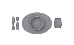 ezpz First Food Set - 100% Food Grade Silicone Suction Bowl with Built-in Placemat, Training Cup & Spoon - Designed by a Pediatric Feeding Specialist - Promotes Self Feeding - 6 Months+ (Grey)