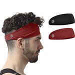 SKULLFIT Men's Chinlon and Spandex Lightweight Moisture Wicking Workout and Sports Sweatbands Headbands - (Pack of 2) (Black, Red)