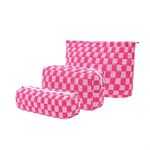 Jeeoy 3 Pieces Makeup Bag Large Checkered Cosmetic Bag, Pink