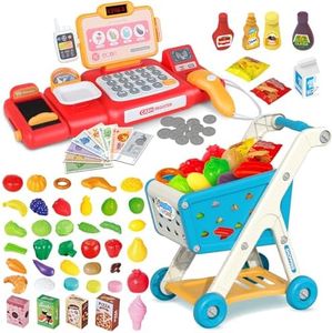 Yalujumb Kids Shopping Cart Trolley Play Set and Pretend Play Calculator Cash Register Toy with Pretend Food and Accessories,Perfect for Ages 3+ Pretend Play and Role-Playing Games