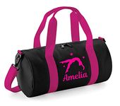 beyondsome Personalised Girls Gymnastics Flip Pink Uniform Gym Kit Kids Bag Gift, Black and Pink/Fuchsia Pink Print