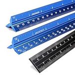 BTSKY 3 PCS 12" Architectural Scale Ruler with Standard Metric & Imperial Conversion Ruler, Aluminum Triangular Scale Measuring Drafting Tool Ruler, Laser Etched Metal Scale Ruler Set, Blue