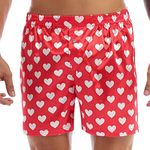 FEESHOW Men's Frilly Satin Boxers Shorts Silk Summer Loungewear Shorts Halloween Costume Underwear Heart Print Red L