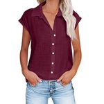 Women Button Down Shirts Summer Cotton Linen Cap Sleeve Tops V Neck Collared Work Blouses Dressy Casual Summer T Shirt (Large,Wine)