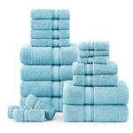 Luxury Bath Towels Set - 100% Cotton Bathroom Towels, Zero Twist, Quick Dry Shower Towels, Extra Aborbent Bath Towel, Super Soft, 6 Bath Towels, 6 Hand Towels, 6 Wash Cloths - Blue (18 Pack)