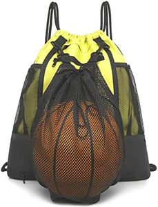 STAY GENT Drawstring Basketball Backpack for Boys & Girls, Soccer Foldable Football Volleyball Bag Sackpack Sports Sack with Detachable Ball Mesh Bag for Gym Baseball Yoga, Yellow