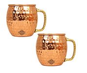 Indian Art Villa Pure Copper Round Shaped Bimbled Hammered Design Moscow Mule Beer Mug Cup, Best for Beer Cocktail Parties, Barware, Volume-600ML, Set of 2