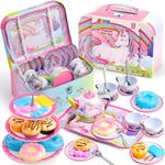 JOYIN Tea Set Toys for Girls 35Pcs Unicorn Tea Party Set for toddlers Tin Teapot Set Princess Tea Time Kitchen Pretend Play Toys for children Age 3 4 5 6 Year Old Birthday Gifts