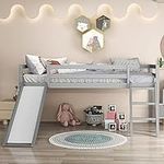 MU Twin Loft Bed with Slide, Wood Low Loft Bed Frame with Climbing Ladder & Safety Guard Rail, Lower Storage Space for Kids Toddler, Grey