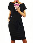 Suvotimo Women Summer Casual Short Sleeve T Shirt Dress Tie Waist Midi Dresses with Pockets Black M