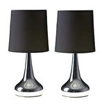 MiniSun Pair of Modern Chrome Teardrop Touch Bed Side Table Lamps with Black Fabric Shades