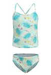 Zestonie Girls Two Piece Swimsuits Tankini Bathing Suit Hawaiian Swimwear for Kids Green Feather Size 10/8-10 Years