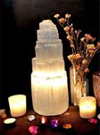 Pure Selenite Crystal Natural Light Mountain Tower Lamp Handmade Natural Energy Healing Clarity and Meditation Lamp Home Decoration Table Lamp Mineral Christmas Occasion Gift (20cm)