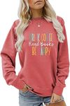 MEKOTSK Drink Coffee Read Books Be Happy Sweatshirt Women Funny Graphic Shirts Long Sleeve Crew Neck Fall Pullover Tops, Red White, Large