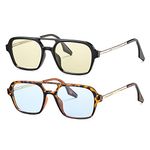 DeBuff Vintage 70s Flat Aviator Sunglasses for Women Men, Retro Square Glasses UV400 Protection Shades, A0 Black/Light Yellow + Tortoise/Blue, 52 MM