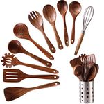 Wooden Kitchen Utensils set With Utensil Holder,NAYAHOSE 11 PCS Teak Wooden Cooking Spoons and Spatula for Cooking including Spoon Ladle Fork (11)