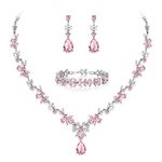 EVER FAITH Wedding Jewelry Set for Women, Flower Leaf Pink Cubic Zirconia Bridal Necklace Dangle Earrings Bracelet Set for Brides Bridesmaids