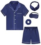 ALHAVONE Kids Girl Pajama Set with Headband Blindfold Hair Tie Toddler Boy Girl Satin Silky Button-up Pajama Sleepwear (Navy-Short, 160)