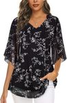 Viracy Dressy Tops for Evening Wear, 3/4 Sleeve V Neck Flowy Wedding Guest Chiffon Blouses Daily Casual Office Work Wear Lightweight Floral Trendy Shirts, Black-Medium