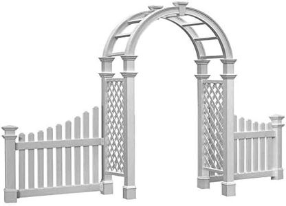 Vita New England Nantucket Legacy Arbor with Trim & Cottage Picket Wings - 60" W x 102.2" H Vinyl Garden Arch Arbor, Garden Fence with Gate, Wedding Arches for Ceremony, Outdoor Arbor with Gate
