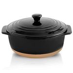 HVH Ceramic Casserole Dish with Lid Oven Safe, 2 Quart Round Casserole Dish Set, 9 Inches Round Baking Dish with Lid Oven Safe, Farmhouse Style (Black)