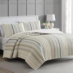 MARTHA STEWART King Size Quilt Bedding Set - 3 Piece, Soft Washed Microfiber, Printed Bedspread, Reversible, All Season, 1 Quilt, 2 King Pillow Shams, Gray & Khaki, Lefferts Stripe Print