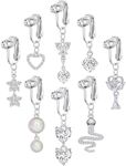 Akeoqi 8PCS Fake Belly Ring Clip on Belly Button Rings Heart CZ Star Snake Butterfly Evil Eye Flower Devil Non Piercing Dangling Navel Ring Jewelry Set For Women Silver Tone, Metal, cubic-zirconia